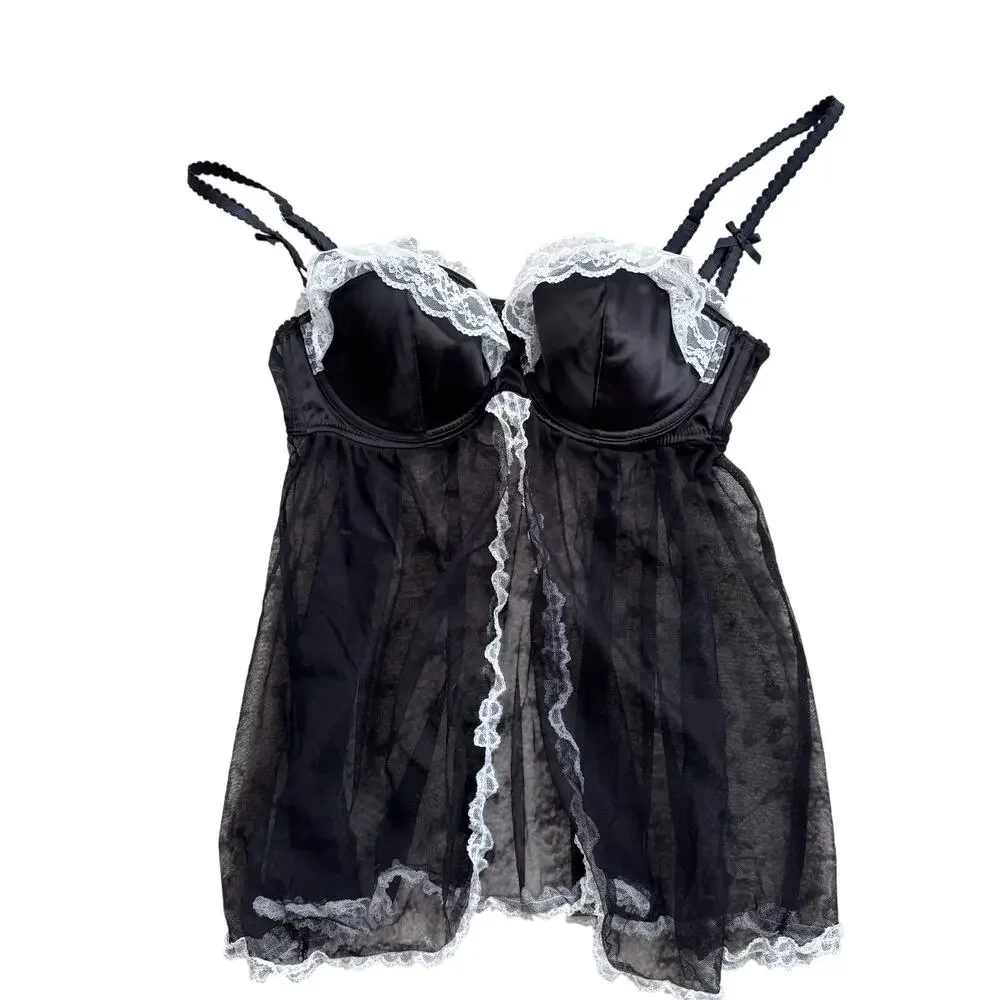 Victoria's Secret Sexy Little Things Black Sheer Mesh Satin Bustier Camisole 36C